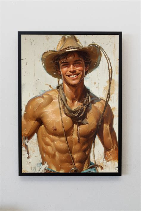Cute Handsome Cowboy Gay Male Poster Art Male Pin Up Gay Pulp Art Queer Art Print Vintage