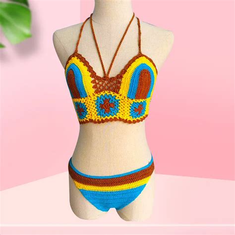 Handmade Knitted Swimsuit Crochet Bikini For Women Elegant Split Design Gathered Detailing