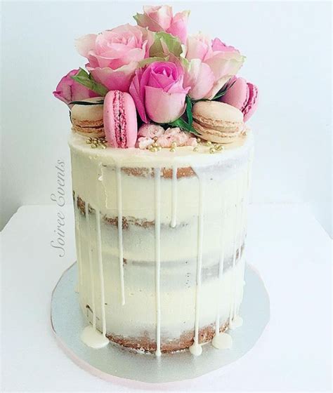 Semi Naked Drip Cake With Fresh Roses And Macarons Soiree