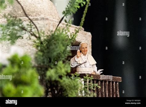 A statue of Pope Francis in the nativity scene set up at the press office at the Vatican ...