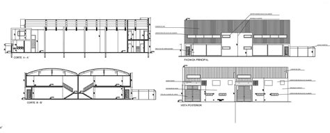 2d Cad Drawing Of Industrial Building Section And Elevation Design