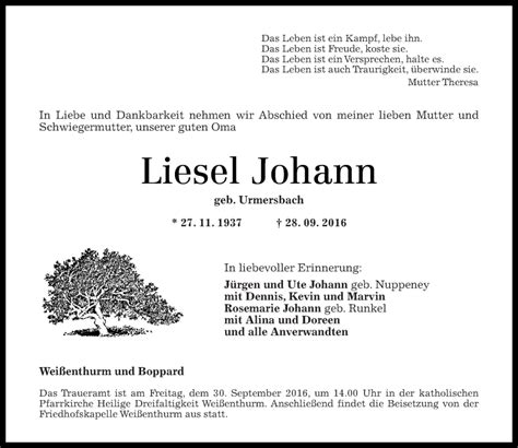 Traueranzeigen Von Liesel Johann Rz Trauer De