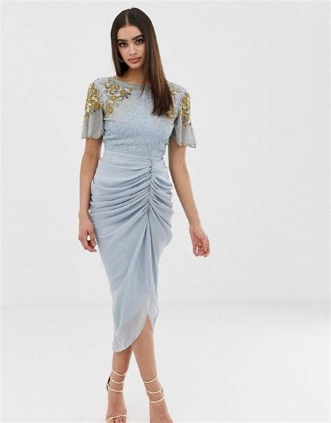 Virgos Lounge Embellished Midi Dress With Ruched Skirt Detail In Blue