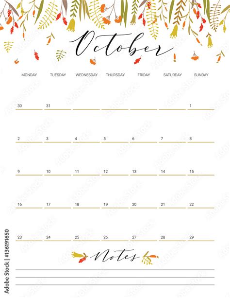 October flower calendar. Stock Vector | Adobe Stock