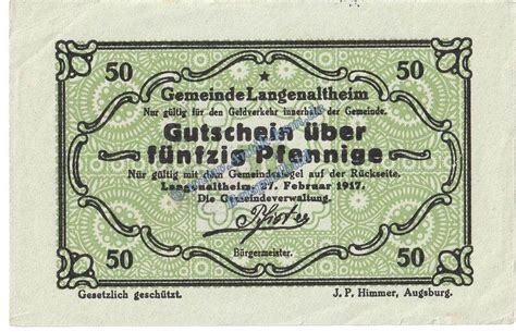 Notgeld De 50 Pf Langenaltheim Notgeld 50 Pfennig Schein In Kfr M G