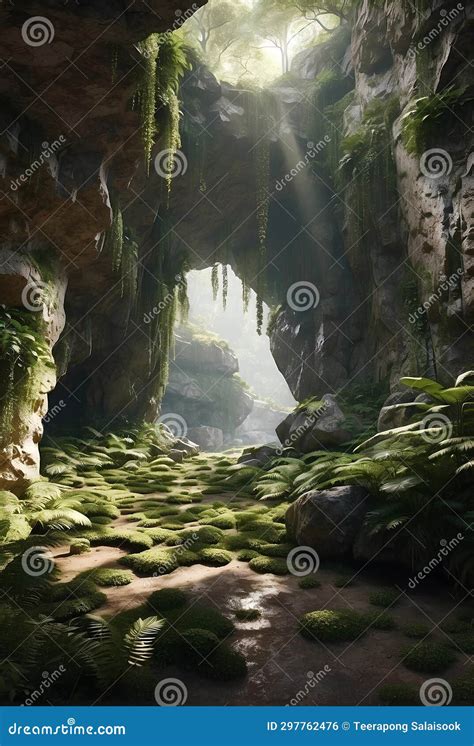 A Beautiful Rock Cave With Moss And Plants Stock Illustration