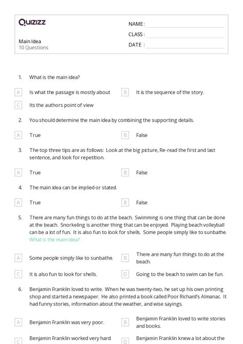 50 Identifying The Main Idea Worksheets For 6th Grade On Quizizz