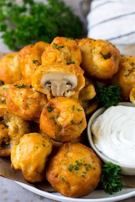 A Plate Of Fried Mushrooms Served With Ranch Dip Fried Mushroom