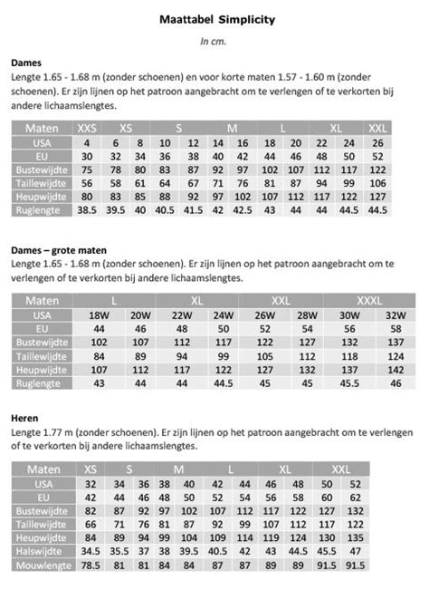 Maattabellen Simplicity Naaipatronennl Zelfmaakmode Patroon Online