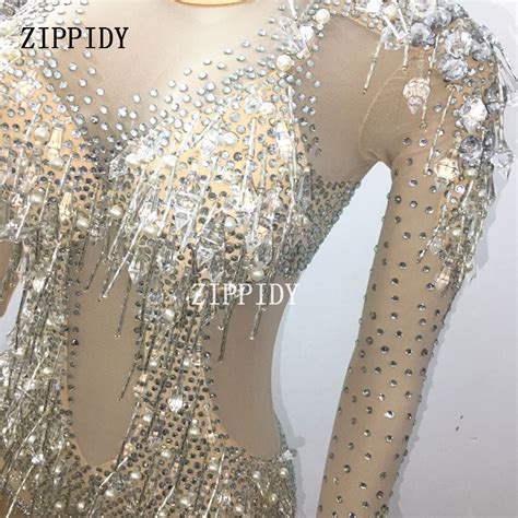 Sparkly Crystals Pendant Bodysuit Nude Mash Stretch Outfit