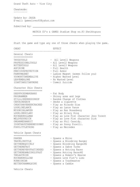 Gta Vice City Cheats Pdf Transport Leisure