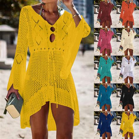 2020 Sexy Crochet Knitted Beach Cover Up Tassel Tie Beachwear Tunic