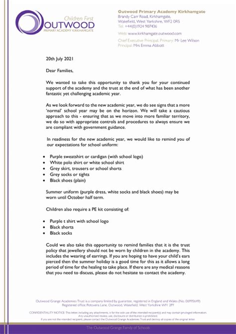 September 2021 Parent Letter Outwood Primary Academy Kirkhamgate