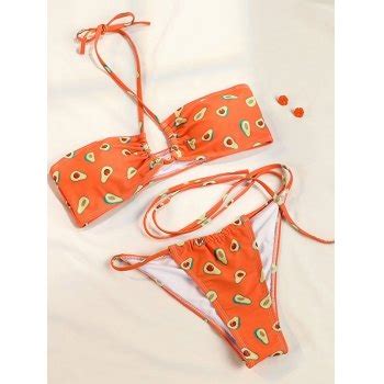 Emmiol Free Shipping Summer Fruit Printed Halter Bikini Set Orange