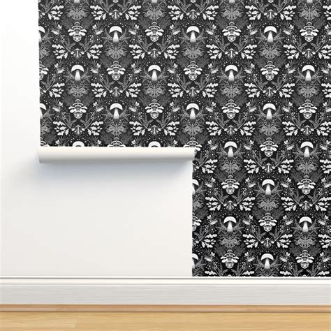 Mushroom Forest Damask Black Background Wallpaper Spoonflower