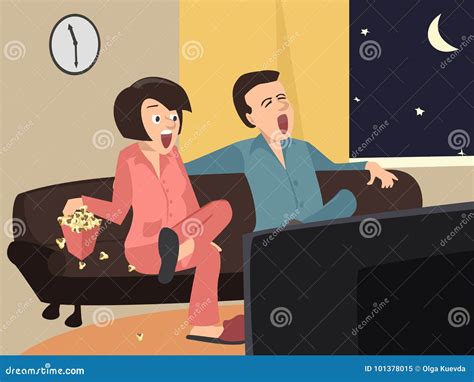 Couple Watching Tv at Home at Night Stock Vector - Illustration of ...