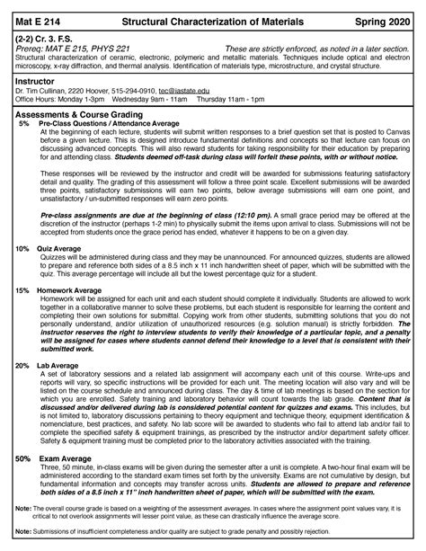 Mat E 214 Syllabus Assessments Course Grading 5 Pre Class