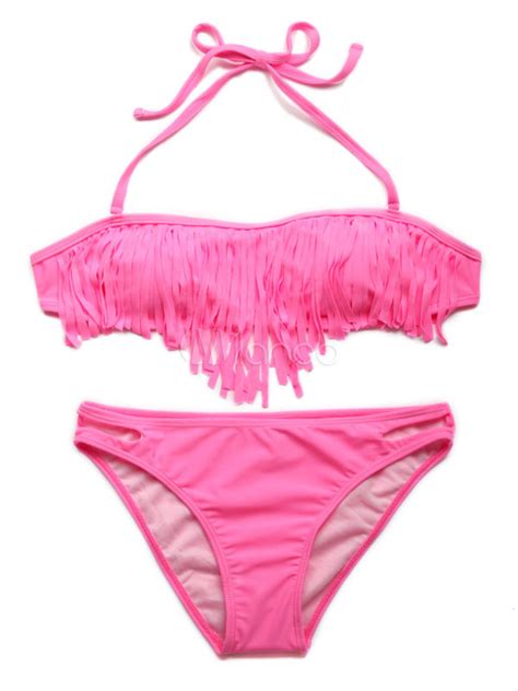 Pink Bikini Fringe Lace Up Synthetic Swimsuit For Women Milanoo