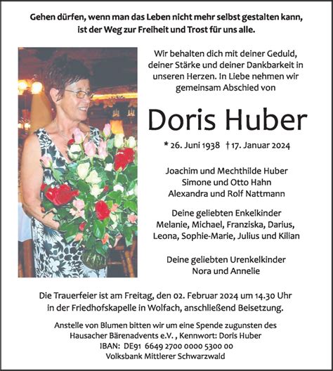 Traueranzeigen Von Doris Huber Schwarzw Lder Bote Trauer