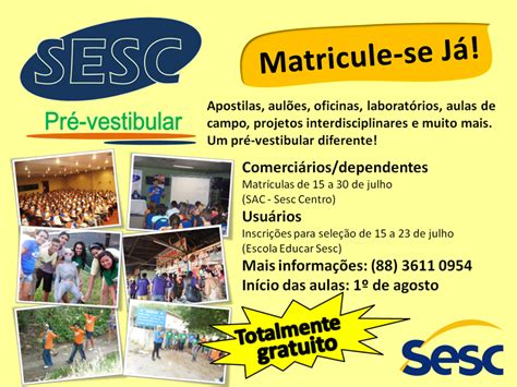 Oportunidade SESC Sobral abre inscrições para pré vestibular gratuito