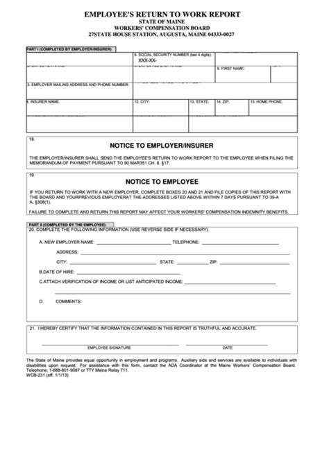 Fillable Form Wcb 231 Employee S Return To Work Report Printable Pdf