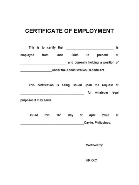 Certificate Of Employment Format Pdf