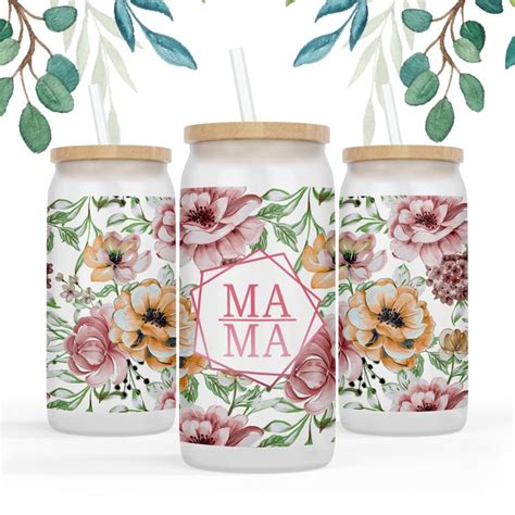 2 Files 16 Oz Libbey Glass Can Tumbler Mama Flower Mum Life Floral