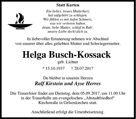 Traueranzeigen Von Helga Busch Kossack Trauer In NRW De