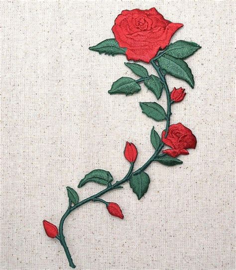 Iron On Embroidered Applique Patch Large Red Roses On Vine Stem