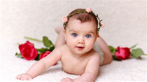 Cute Baby Wallpaper 4K, Rose flowers, Adorable, Blue eyes