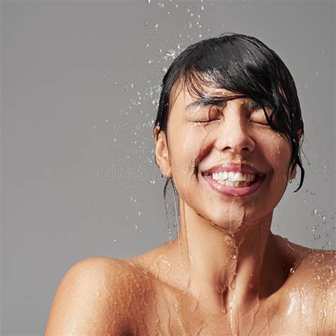 Shower Cleaning And Face Of Woman With Water Splash In Studio For