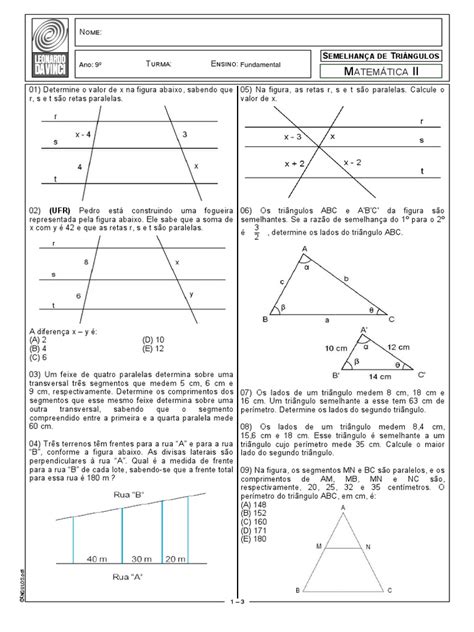 Semelhança De Triângulos 9 Ano - Semelhança de Triângulos e Problemas Matemáticos | PDF | Euclides ...