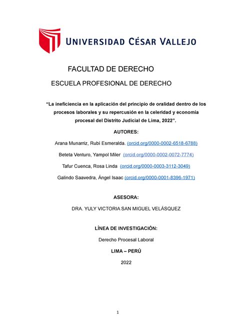 Trabajo Investigacíón De Procesal Laboral Final Facultad De Derecho Escuela Profesional De