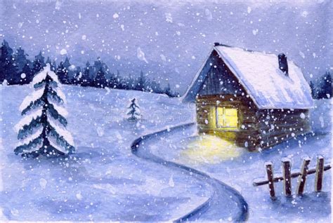 Watercolor Winter Snowy Night Landscape. Cute Night Snowfall Scene ...