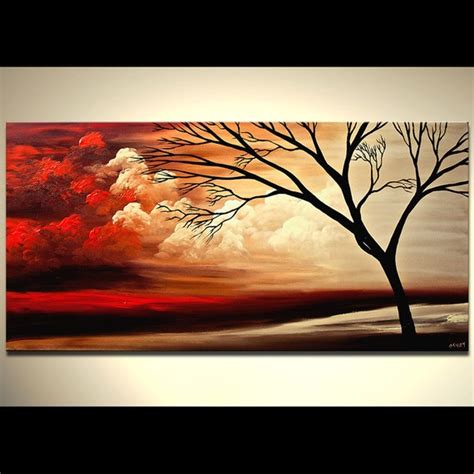 Red Landscape Abstract Painting Black Tree Painting Clouds Etsy