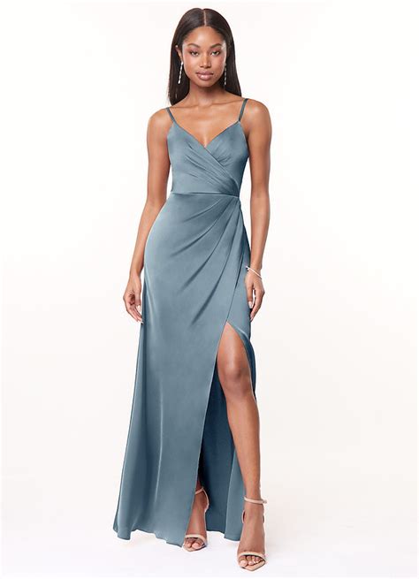 Dusty Blue Azazie Maci Stretch Satin Dress Bridesmaid Dresses Azazie