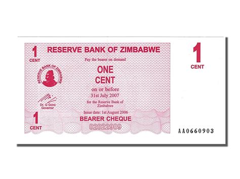 152744 Zimbabwe 1 Cent type Bearer Cheque NEUF 1 Cent De 5 à 15