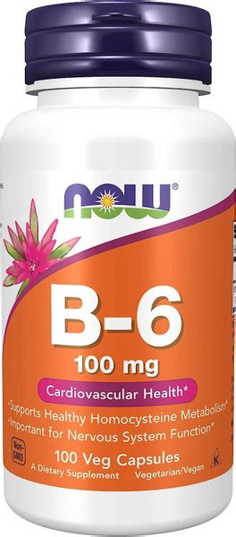 NOW Vitamin B 6 100 mg 100 капсул Витамин В6 пиридоксина гидрохлорид