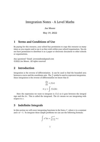 A Level Maths Integration Notes And Example Questions Year 1 And 2 For Aqa