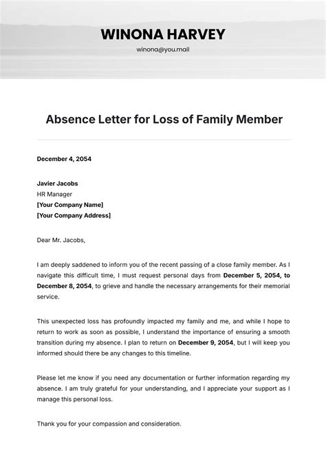 Free Absence Letter for Loss of Family Member Template to Edit Online