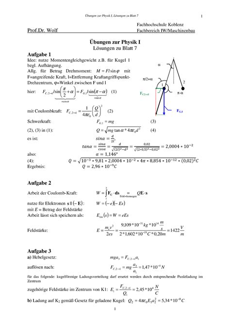 Phys I Blatt 7 Loes Physik 1 Übung Übungen Zur Physik I Lösungen Zu Blatt 7 1