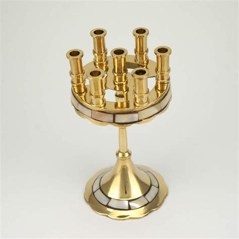 Deluxe Brass Seven Candle Stand With Mother Of Pearl Inlay Blessedmart