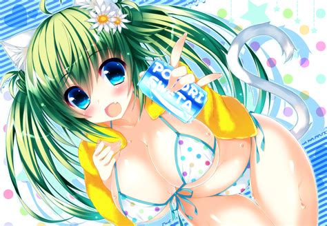 Wallpaper Original Characters Bikini Cleavage Green Hair Blue