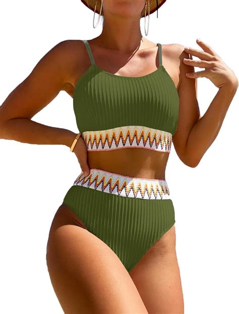 Amazon Zuvebamyo Women S High Waisted Swimsuit Two Piece Ribbed Bikini Sets Crop Top High