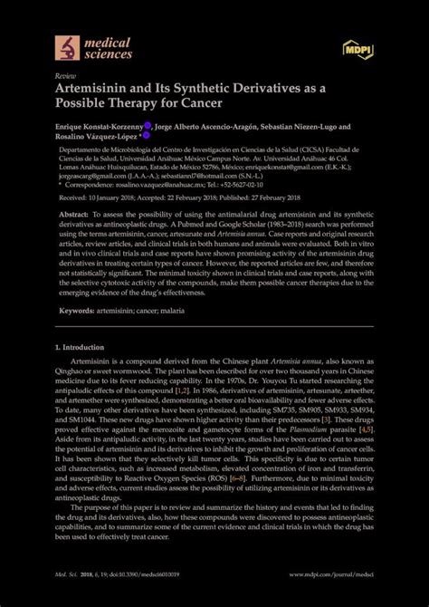 PDF Artemisinin And Its Synthetic Derivatives As A Possible