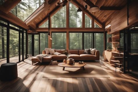 Premium Photo | Wooden house in forest Interior design of modern living ...