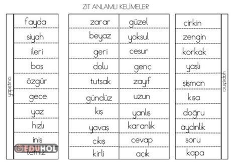 Zıt Anlamlı Kelimeler Defter E Eduhol Etkinlik İndir Oyun Oyna