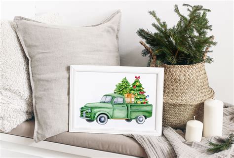 Christmas Trucks Watercolor Clipart Classic Cars Old Timer Clip Art