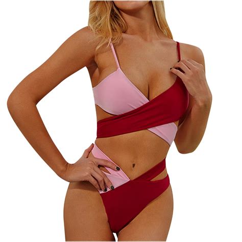 Tejiojio Summer Bikini For Women Women S Bicolor Fashion Casual Waist Slim Binding Hollow Out