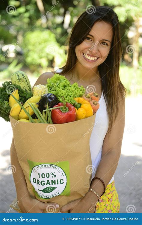 Woman Holding Shopping Paper Bag With Organic Or Bio Vegetables And